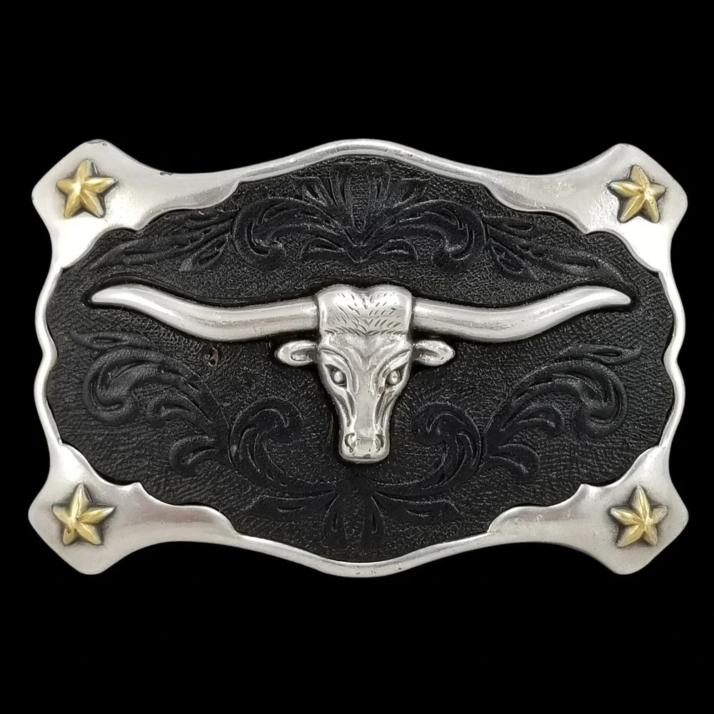 Western Longhorn Bull Skull Cowboy Belt Buckle‎ Silver Tone Black Stars